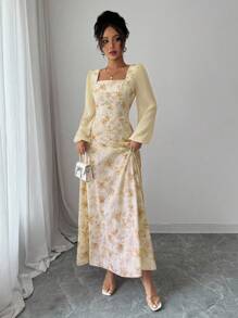 Modelyn Women's Printed Square Neck Long Sleeve Elegant Summer Dress Fall Cloth For Women