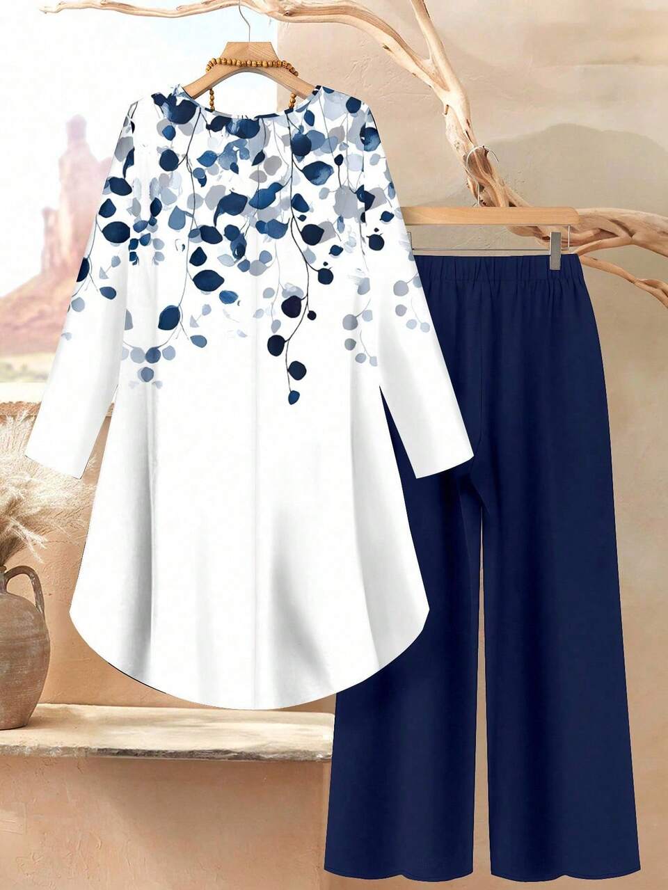 Women 2pcs Set White And Blue Floral Printed Top And Flowing Wide-Leg Pants, Autumn And Casual Elegant Tea Party Vacation Work Modest Outfits