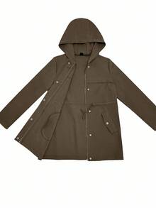 EMERY ROSE Casual Solid Color Drawstring Waist Hooded Jacket, Spring/Autumn Fall Winter Cloth For Women - Mocha Brown - View 7