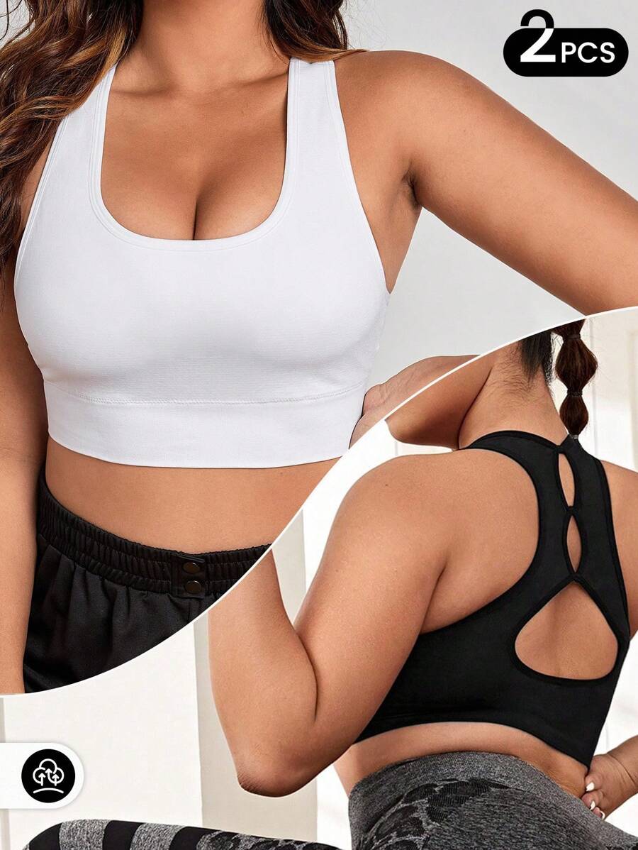 SHEIN Rhythm Era Set de 2 sujetadores deportivos sin costuras de talla grande, negro y blanco - Multicolor - Ver 1