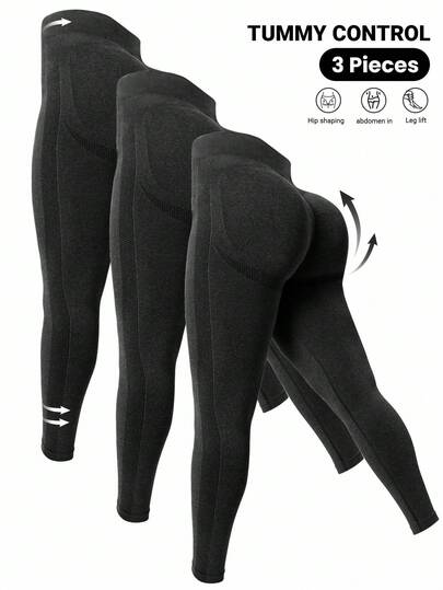 Easithlete 3pcs Plus Size Seamless Fitted Sports Leggings, Dark Grey Tummy Control Leggings Women 3 Packs Leggings High Waist Compression Leggings Workout Leggings Yoga Pants