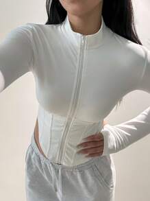 Flirla Women Knitted White Lightweight Jackets With Zipper, Super Soft Fabric, Stand Collar, Long Sleeve, Thumb Hole, Short Style, Suitable For Sport, Yoga, Casual Wear, Beach, Elegant Daily - White - View 7