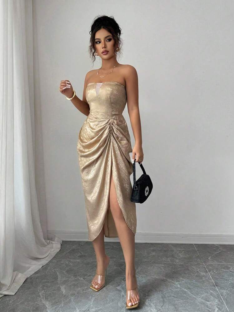 Selianne Halloween Sleeveless Ruched Waist Slit Shiny Fabric Elegant Romantic Sophisticated Women Gold Dress - Gold - View 5
