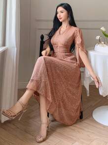DAZY Solid Color V-Neck Ruffle Sleeve Women's Mid-Length Dress Luxury Prom Dress Sequin Sparkly Dress - Pink - View 6