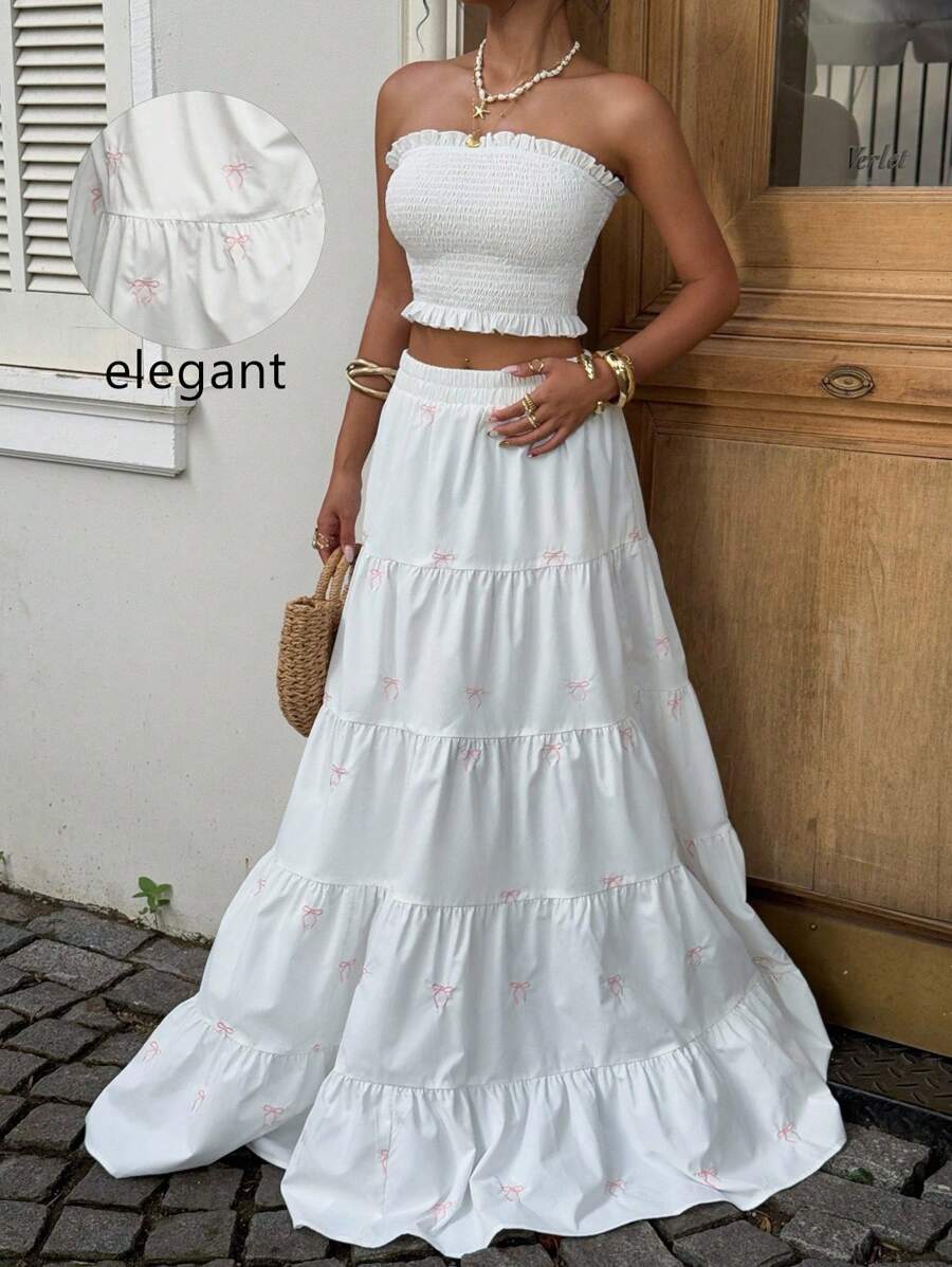 Sunnyshic 2pcs Set White And Pink Linen Top With Embroidered Ruffle Trim & Bow Decor + A-Line Long Skirt,Summer Elegant Vacation Holiday Wedding Outfit Women - White - View 1