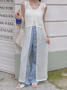 DAZY Áo khoác mùa hè dệt kim cổ chữ V xẻ tà dành cho nữ, thích hợp cho kỳ nghỉ. - Màu be - Xem 1