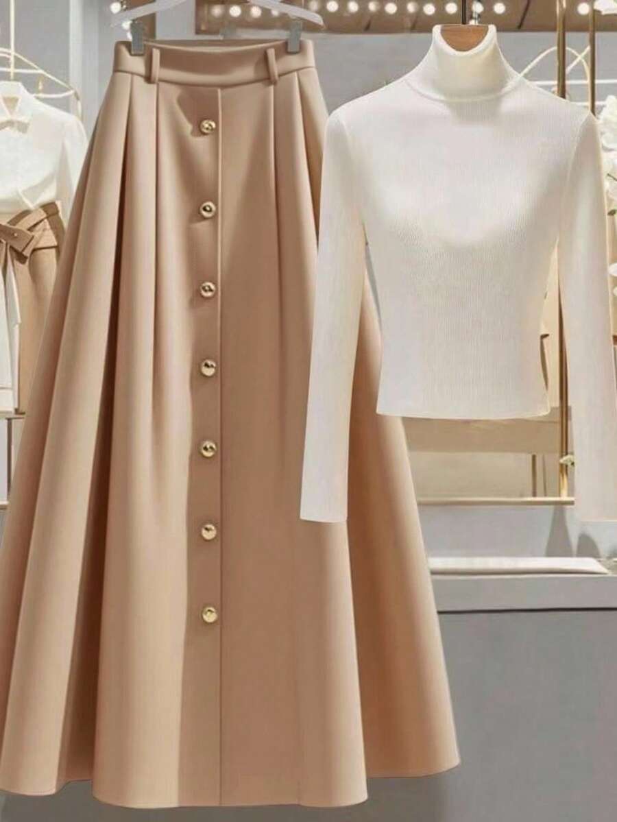 Franclia 2 件套女士白色针织上衣和卡其色修身短裙，春秋 - 彩色 - 查看 1