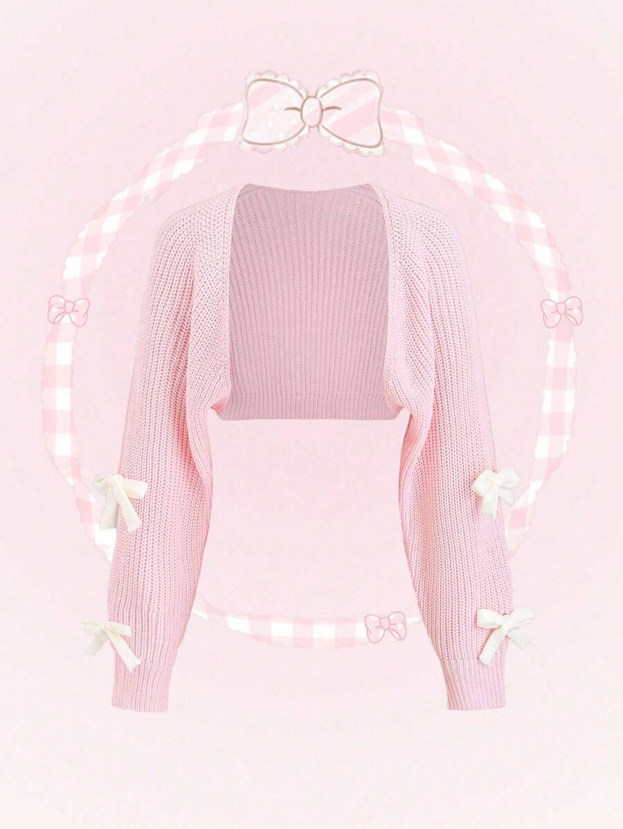 SHEIN Unity 女式长袖蝴蝶结装饰简约休闲上衣 - 淺粉色 - 查看 1