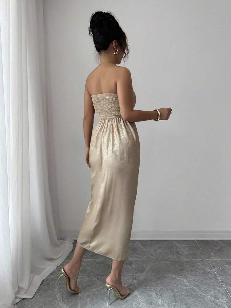 Selianne Halloween Sleeveless Ruched Waist Slit Shiny Fabric Elegant Romantic Sophisticated Women Gold Dress - Gold - View 2