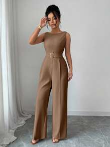 Selianne جمبسوت نسائية ذات خصر عالي بحزام وإبزيم معدني، بدون أكمام وذات كتف واحد، من قماش ناعم، ذات ساق مستقيمة واسعة، ملابس صيفية نسائية، ملابس مكتبية نسائية، ملابس للخروج - قهوة بني - مشاهدة 3