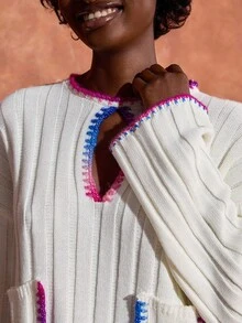 EURMUSE Women Colorful Stitch Pocket And Rib Knit Detailed Sweater,Jumper,Cream Jumper,Jumpers,Black Jumper,Womens Jumper,White Jumper,Women's Jumper,Women's Jumpers,Winter Clothes - White - View 3