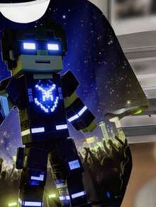 SHEIN 青少年男孩休闲时尚酷炫经典卡通像素块未来战士图案印花短袖圆领 T 恤，适合夏季 - 彩色 - 查看 5