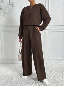 SHEIN Tall 2件組女款極簡街頭風運動套裝，咖啡棕色，秋季休閒居家服，寬鬆圓領衛衣與寬腿運動長褲套裝，適合高個女性 - 咖啡棕 - 查看 4
