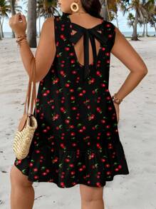 Veykashi 大码女式樱桃印花系腰无袖休闲 A 字裙，适合假日、海滩度假、迷你裙 - 彩色 - 查看 1