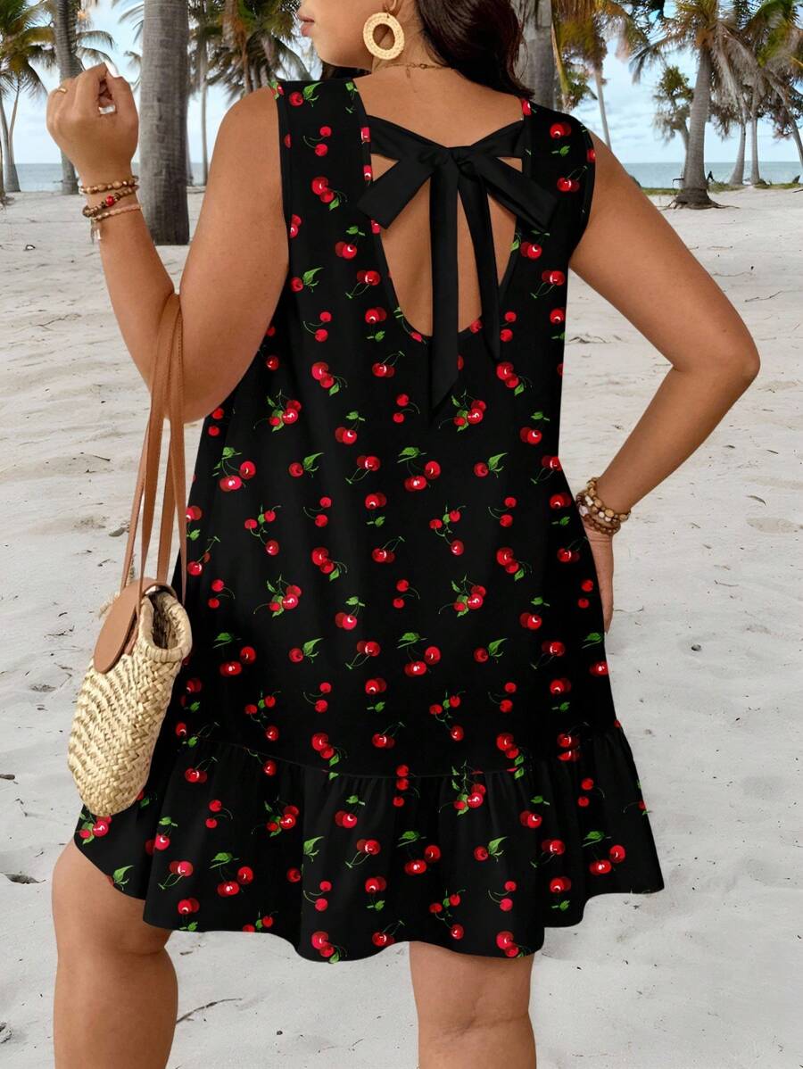 Veykashi 大码女式樱桃印花系腰无袖休闲 A 字裙，适合假日、海滩度假、迷你裙 - 彩色 - 查看 1