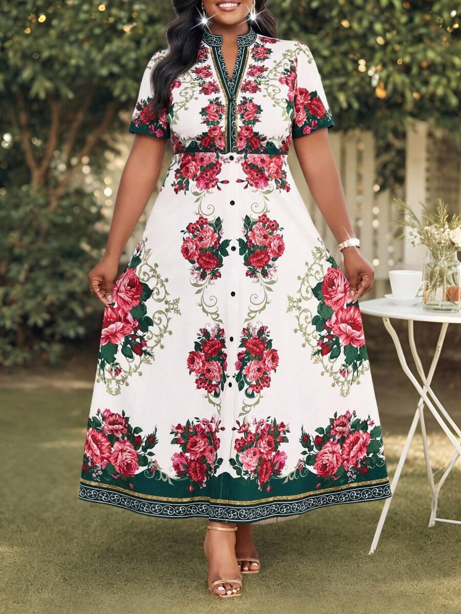 SHEIN Lady 春夏休闲优雅波西米亚风休闲外出彩色编织 V 领喇叭中长短袖大码连衣裙度假装女士海滩装女士连衣裙优雅波西米亚风度假装波西米亚风女装女士休闲连衣裙夏威夷装女士休闲连衣裙女士优雅装女士波西米亚风服装优雅连衣裙休闲连衣裙女士度假装波西米亚风波西米亚风时尚 - 彩色 - 查看 1