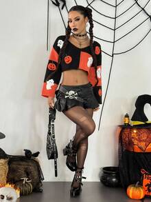 Flirla Halloween Pumpkin & Ghost Pattern Colorblock Women Sweater Fall Winter Cloth For Women - Multicolor - View 6