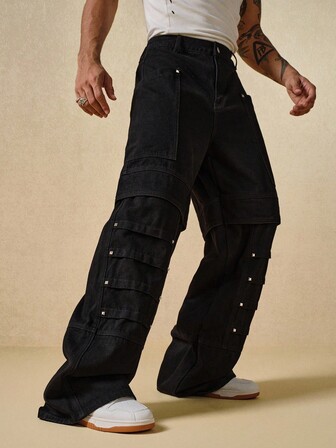 Street Life Jeans holgados con decoración de remaches, moda versátil para hombres