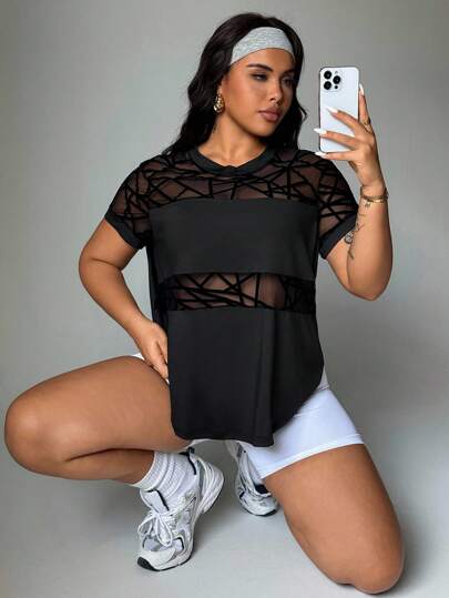 Rhythm Era Camiseta deportiva de manga corta con parches de tela flocada y malla para tallas grandes