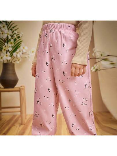 Loomiva Young Girl Floral Print Elastic Waist Ankle Length Pants Kawaii Pants Kids Floral Pants