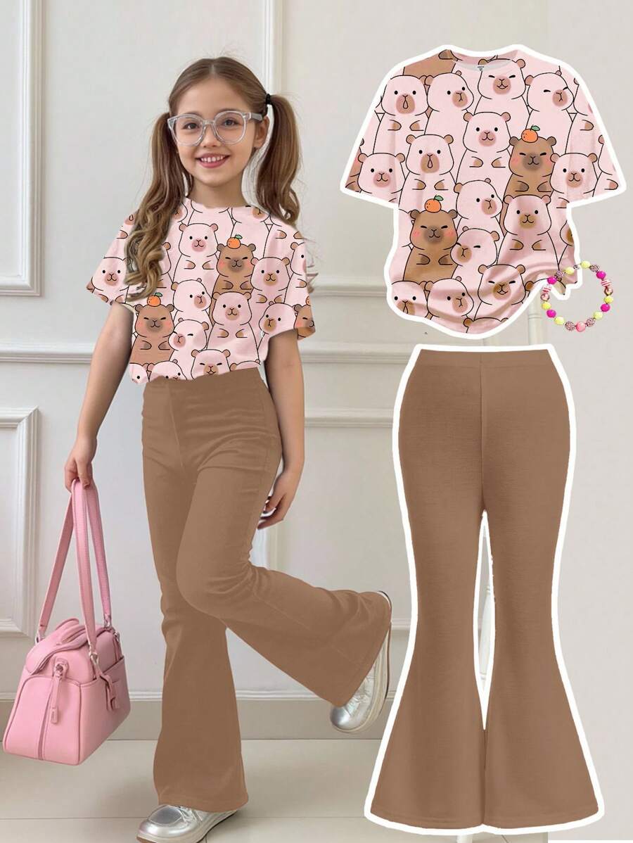 SHEIN 2pcs Young Girl Cute Capybara Cartoon Animal Print Casual Minimalist Cartoon Pattern Round Neck Short Sleeve Top And Flare Pants Set, Suitable For Summer - Multicolor - View 1