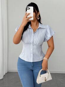 SHEIN Unity Plus Size Women Striped Short Puff Sleeve Single-Breasted Shirt, Summer - Blue and White - View 2