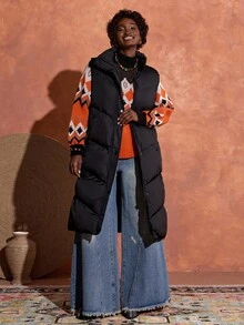 EURMUSE Chaleco acolchado largo, cuello alto, cierre con botones a presión, bolsillos laterales, diseño acolchado, cálido y ligero, chaleco de invierno casual para mujer - Negro - Ver 1