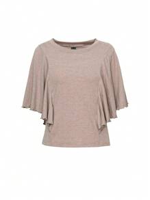 DAZY Camiseta de manga corta con volantes y parches para mujer, elegante para la oficina, adecuada para ir al trabajo, fiestas, bodas - Caqui - Ver 6