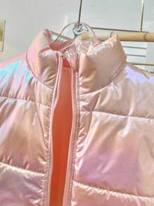 Tween Girl Holographic Zip-Up Puffer Vest Jacket,Pink Autumn Cute School Style,Lightweight Warm Down Material Color-Blocked Dazzling Outerwear - Baby Pink - View 3