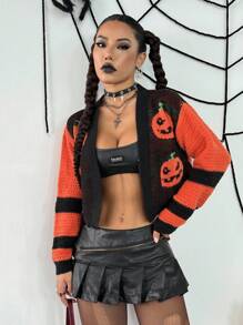 SHEIN Unity Cardigan corto casual da donna in stile urban, con grafica a blocchi di colore a tema Ognissanti con zucche e teschi, adatto per l'autunno - Multicolore - Visualizzare 6
