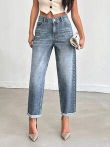 EURMUSE Casual Fashion Versatile Button Minimalist Cuffed Hem Women Jeans - Light Wash - View 6