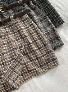 Franclia 返校季休闲百搭复古格纹柔软拉绒材质不对称下摆配腰带春秋卡其色女短裙女裙短裙女裙秋季女装秋装女装返校服