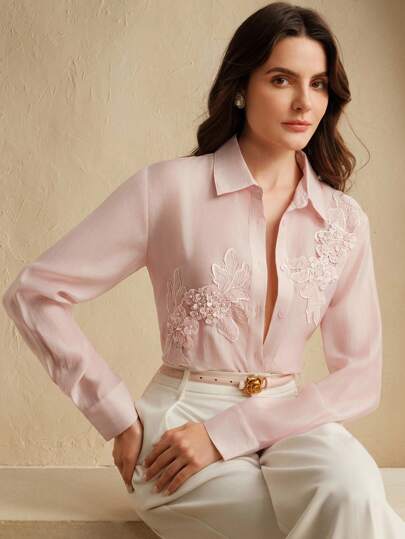 Anewsta 优雅时尚翻领单排扣设计刺绣串珠宽松长袖女式衬衫