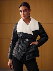 MOTF PREMIUM 对比色瀑布领双排扣门襟系腰带冬季大衣 - 黑色 - 查看 5