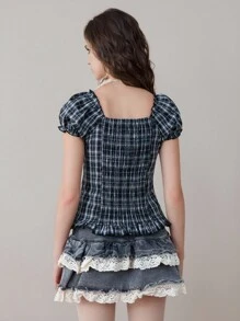 ROMWE Avant Back To School Vintage Plaid Collar Button Plaid Retro Gingham Thin Strap Lace Trim Women Blouse