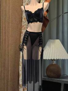 SHEIN Bộ đồ lót gợi cảm 3 món cho nữ: Áo ren & PU chắp vá + Quần lót dây G + Chân váy Maxi xẻ cao, Đi chơi - màu đen - Xem 6