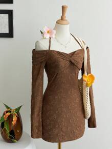 SHEIN Unity Women's Vintage Textured Knit Off Shoulder Long Sleeve A-Line Mini Dress Brown Dress Brown Floral Dress Vintage Dress Fall Cloth For Women - Coffee Brown - View 4