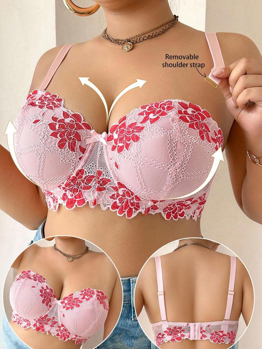 SHEIN 1 pieza Sujetador balconette elegante de encaje con aros para tallas grandes, con tirantes desmontables, sujetador de encaje con flores, que levanta - Rosa - Ver 1