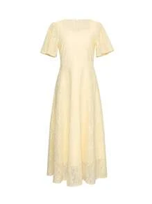 DAZY Elegant Creamy Yellow Lace Collar & Ruffle Sleeve Mid-Length Dress For Women Dress - Light Yellow - View 15