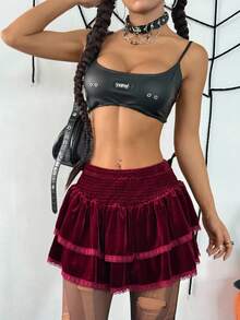 SHEIN Unity Halloween Women's Casual Fashion Burgundy Velvet Ruffle Patchwork Double-Layer Asymmetric Hem Mini Skirt, Autumn - Burgundy - View 5