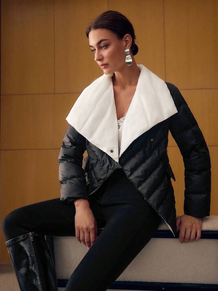 CONTRAST WATERFALL COLLAR DOUBLE BREASTED PLACKET BELTED WINTER COAT
