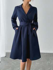 SHEIN Tall 女士优雅纯色通勤衬衫裙 - 藍色 - 查看 3