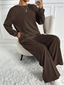 SHEIN Tall 2件組女款極簡街頭風運動套裝，咖啡棕色，秋季休閒居家服，寬鬆圓領衛衣與寬腿運動長褲套裝，適合高個女性 - 咖啡棕 - 查看 6