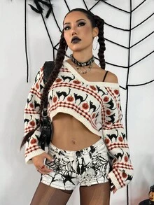 Flirla 万圣节休闲V领短款毛衣 - 彩色 - 查看 7