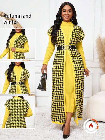 SHEIN Lady 2025新款女士黄色千鸟格撞色外套，百搭春夏秋冬万圣节时尚女式外套