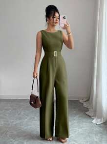 Selianne 法式浪漫一字肩无袖高腰腰带光滑面料金属扣装饰阔腿直筒女连体裤女夏装女办公室服装外出服装 - 軍綠色 - 查看 7