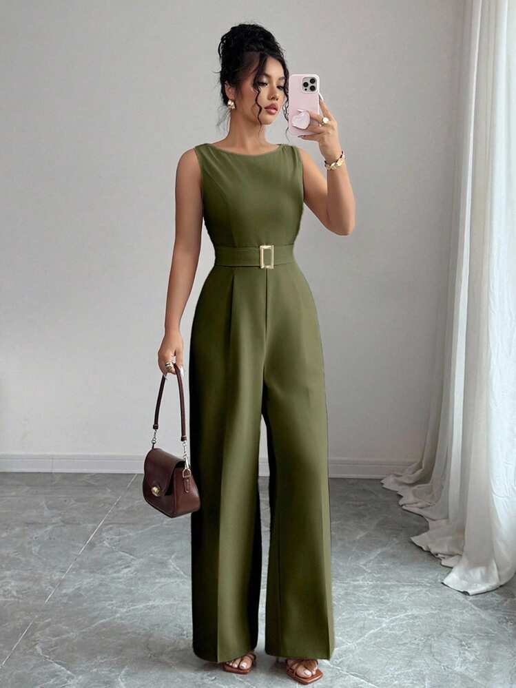 Selianne 法式浪漫一字肩无袖高腰腰带光滑面料金属扣装饰阔腿直筒女连体裤女夏装女办公室服装外出服装 - 軍綠色 - 查看 7