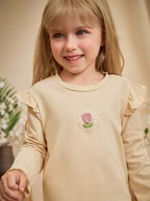 Loomiva Set de 2 piezas: Blusa de manga larga con cuello redondo y volantes con estampado de tulipanes de punto suave y pantalón de cintura elástica para niñas, en beige/albaricoque - Caqui - Ver 6