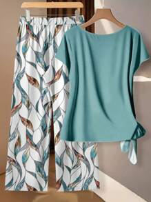 SHEIN Clasi 2pcs Women Casual Minimalist Green Bowknot Shirt & Loose Straight Geometric Print Pants Set, Suitable For Early Autumn - Multicolor - View 3