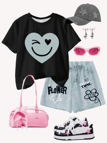 SHEIN Leap Crew Casual Street Heart & Face Graffiti Print, Tween Girls Minimalist Short Sleeve Shorts 2 Pieces Set, Suitable For Summer - Multicolor - View 3